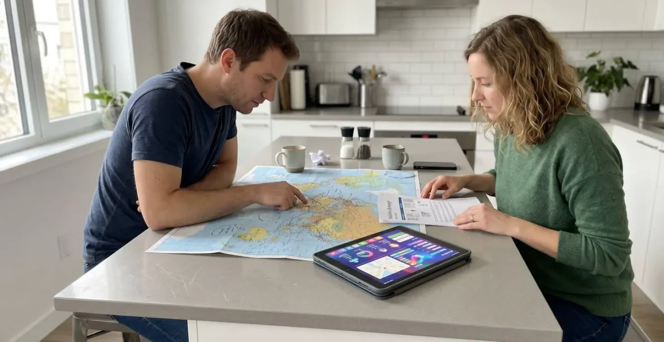 Un couple consulte des documents d'assurance voyage à une table bien éclairée avec une carte du monde et une tablette posées devant eux