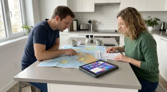 Un couple consulte des documents d'assurance voyage à une table bien éclairée avec une carte du monde et une tablette posées devant eux