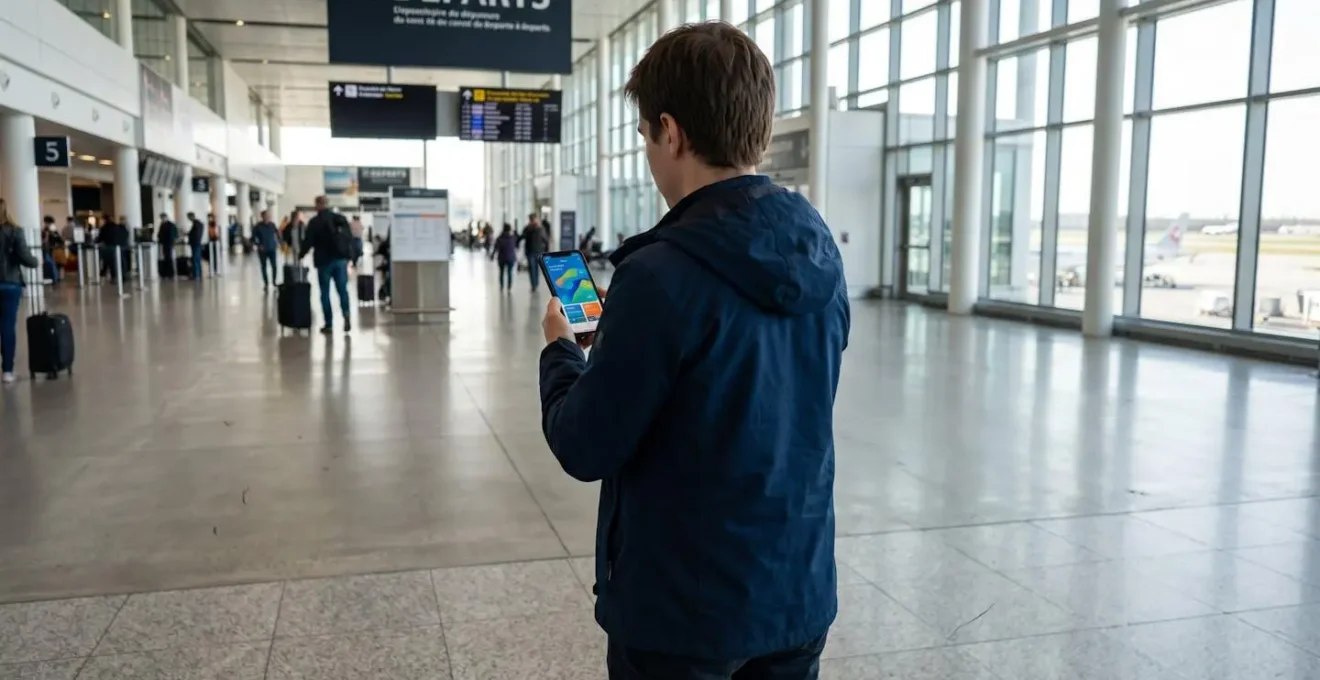 Une femme consulte une application d'assurance voyage sur son smartphone dans un terminal d'aéroport lumineux