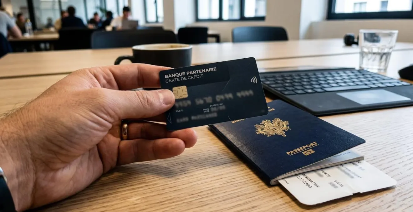 Une main tient une carte bancaire dorée à côté d'un passeport et de documents de voyage sur une table en bois